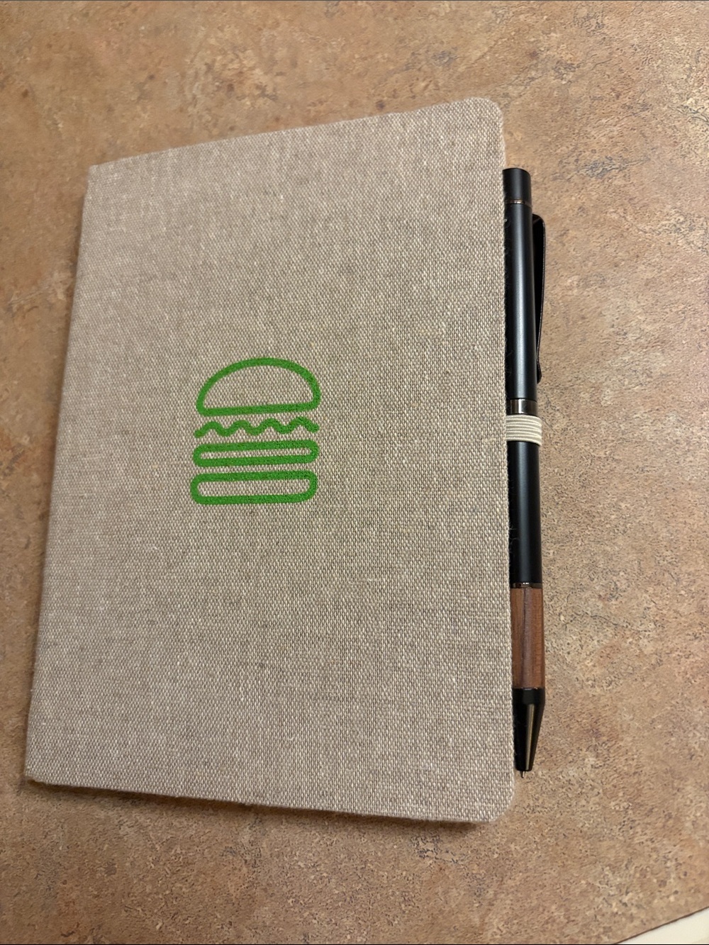 Beige Linen Notebook with Green shake shack Logo and Pen